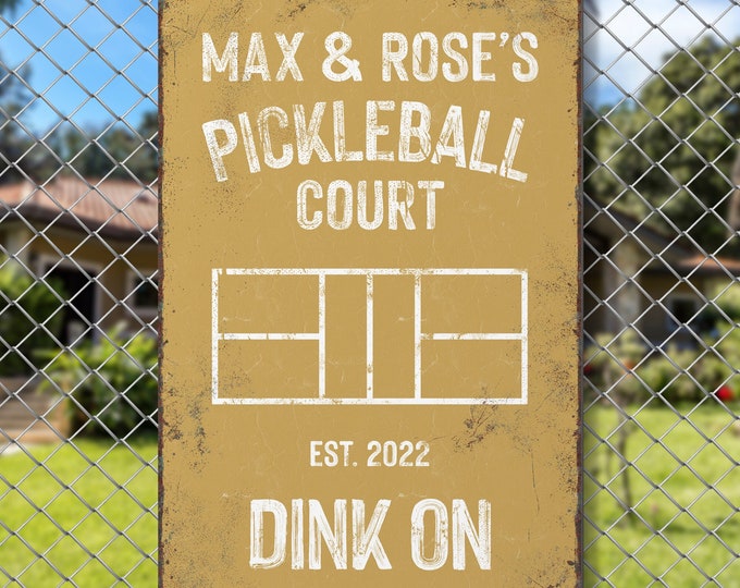 Yellow Personalized PICKLEBALL GIFT, personalized COURT Sign, Custom Name, Year Established, & Colors, Butternut Yellow and White - Dink On!