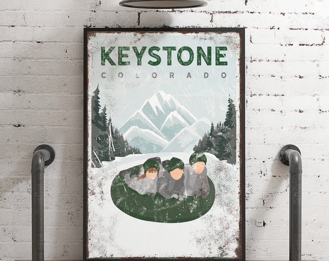 Personalized FAMILY SNOW TUBING Poster, for Ski House Decor, Vintage Winter Wall Print in Green Accent, Keystone Colorado Wall Art {vph}