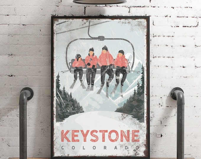 Personalized Four Person SKI LIFT Poster, Retro Ski House Decor, Vintage Coral Pink Mountain Lodge Wall Art, Keystone Colorado Art {vph}