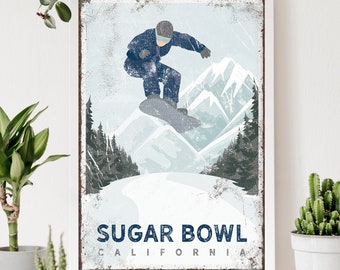 retro snowboard sign > winter snowboarding mountain poster, custom vintage ski house decor (personalized for SUGAR BOWL, California) {vph}