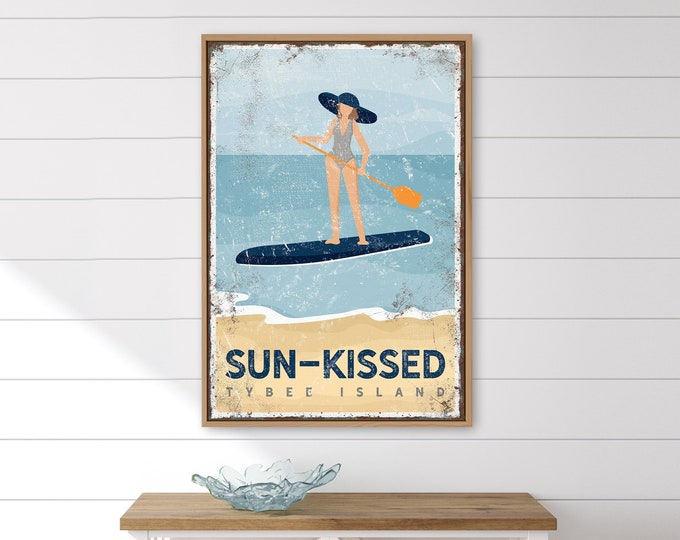 vintage PADDLEBOARD SIGN, retro paddleboard art for beach house decor, personalized paddleboarding canvas print, Tybee Island GA sign {vpb}