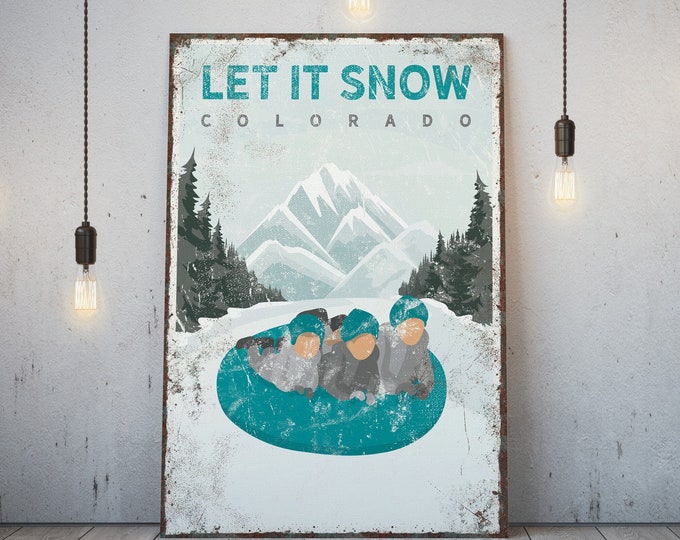 Personalized Family Snow Tubing Poster, Custom Text LET IT SNOW, Teal Winter Farmhouse Decor, Retro Colorado Ski Sign {vph}