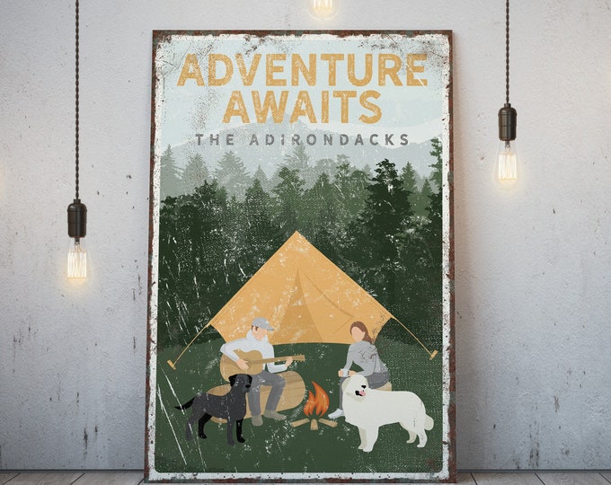 personalized vintage CAMPING POSTER with dogs, with black labrador & great pyrenees custom text, Adventure Awaits in sample {vpt}