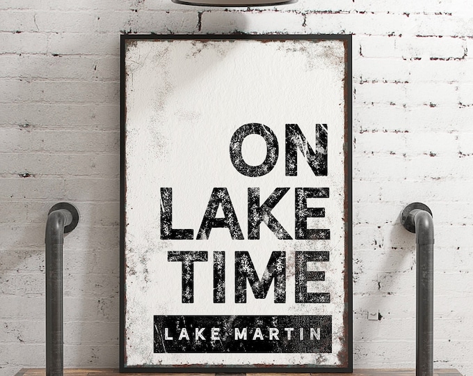 black "ON LAKE TIME" sign > vintage Lake Martin wall art for farmhouse decor, xl framed canvas, onyx black lakehouse sign {brw}