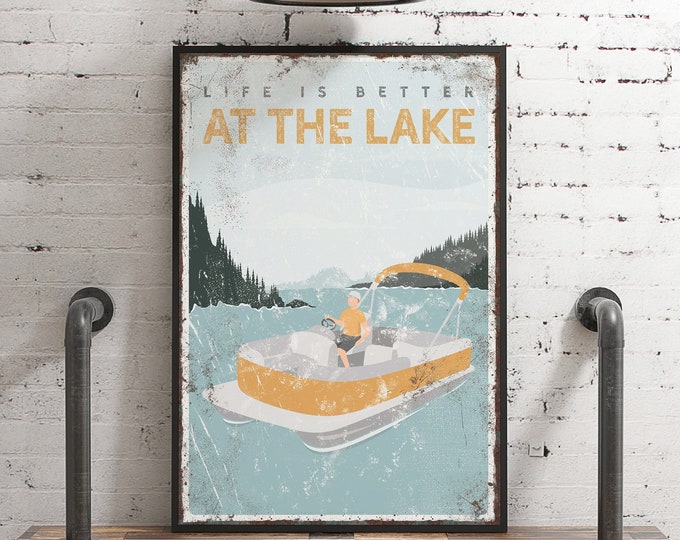 personalized lake wall art with pontoon boat, life is better at the lake sign, custom text, pontoon boat art for lake house decor {vpl}