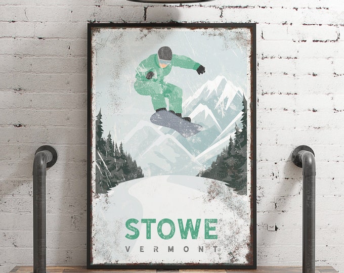 vintage SNOWBOARD sign in mint green, snowboarding poster for VERMONT ski house decor, STOWE wall art (or custom mountain) {vph}