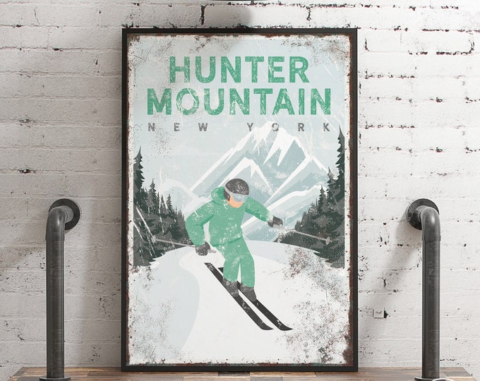 vintage HUNTER MOUNTAIN SKI sign canvas, mint green skiing poster for ski house decor, personalized ski wall art (custom ski mountain) {vpw}