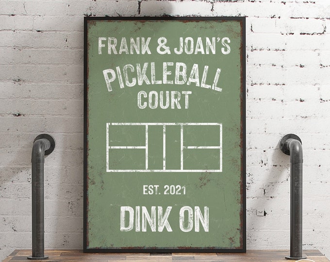 Green personalized PICKLEBALL COURT Sign, Pickleball Gift with Custom Name, Year Established & Colors, in Seagrass Green and White, Dink On!