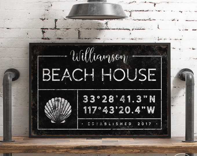 black BEACHHOUSE sign > personalized family name canvas for beach house decor, scallop shell art print, farmhouse art with seashell {gdb}
