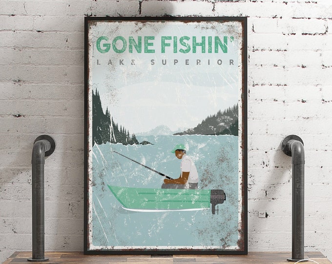 vintage GONE FISHIN' sign > mint green boat art for Lake Superior lake house decor, coastal canvas print, fishing gift for him {vpl}