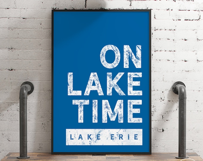 ocean blue "ON LAKE TIME" sign > Bold Lake Erie wall art canvas for modern lake house, white & blue nautical decor, gift for lake house {b}