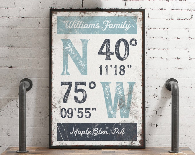 vintage latitude & longitude wall art > tide blue and hale navy GPS COORDINATES sign for lake house or beachhouse decor {grw}