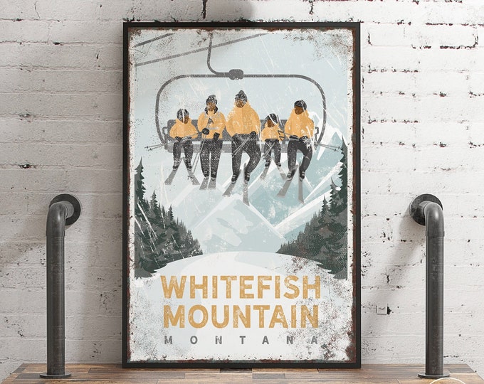 Personalized vintage poster for ski house decor, Retro ski lift wall art, for mountain lodge, Whitefish Mountain, Montana ski poster {vph}