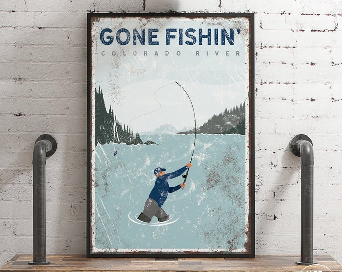 Gone fishing Colorado River poster > custom vintage fly fishing art print for lake house decor, nautical decor housewarming gift {vpl}