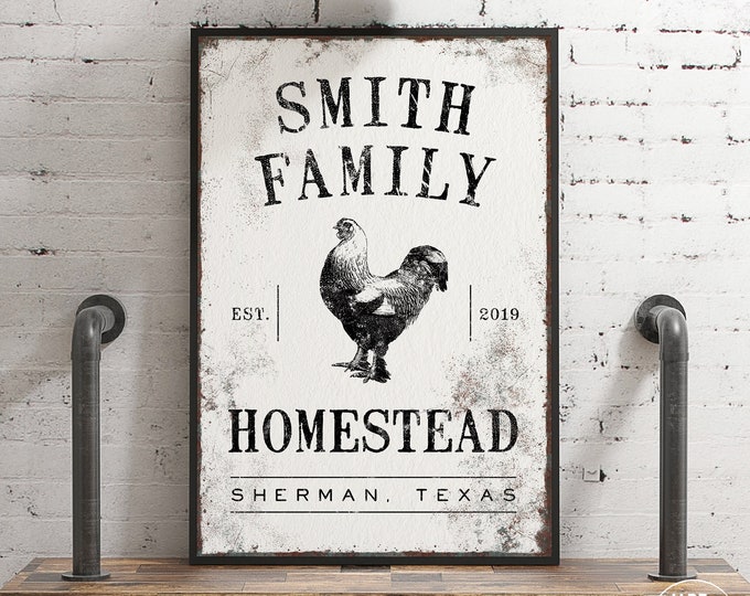 rustic white HOMESTEAD sign for modern farmhouse decor, vintage rooster wall art, distressed lightweight canvas print {vow}