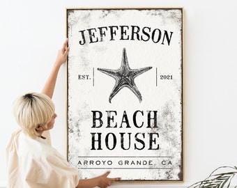 vintage BEACH HOUSE decor > weathered beachhouse sign, aged starfish wall art, vintage black and white canvas print {vow}