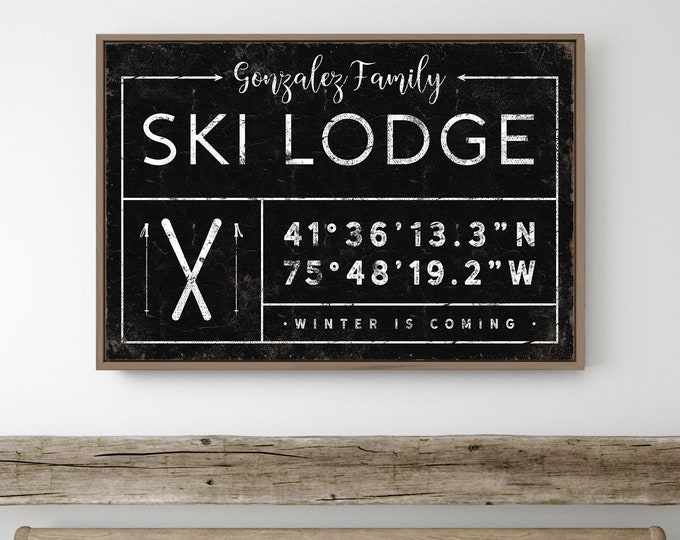 vintage SKI LODGE sign, personalized last name canvas, winter wall art, custom coordinates with pair of skis, vintage farmhouse decor {gdb}