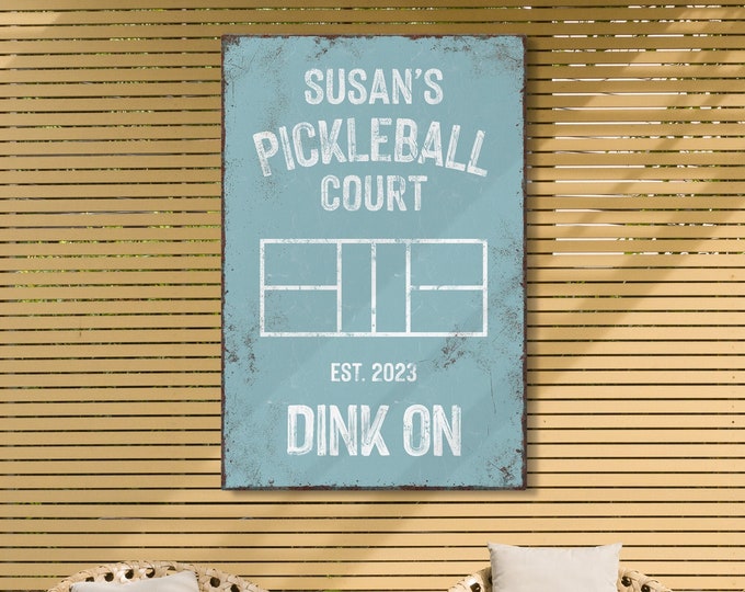 Blue Personalized PICKLEBALL GIFT  > personalized COURT Sign, Custom Name, Year Established and Colors, Tide Blue and White - Dink On!