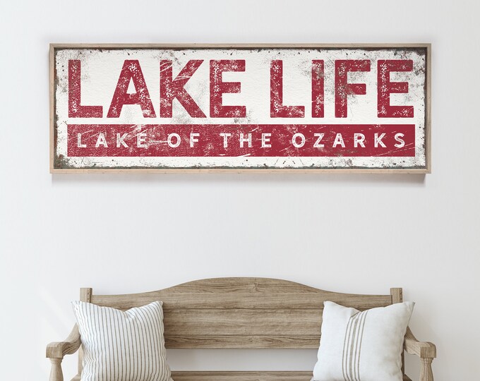 dark red LAKE LIFE sign • retro lakehouse decor canvas print • personalized gift for Dad • vintage lake house wall art