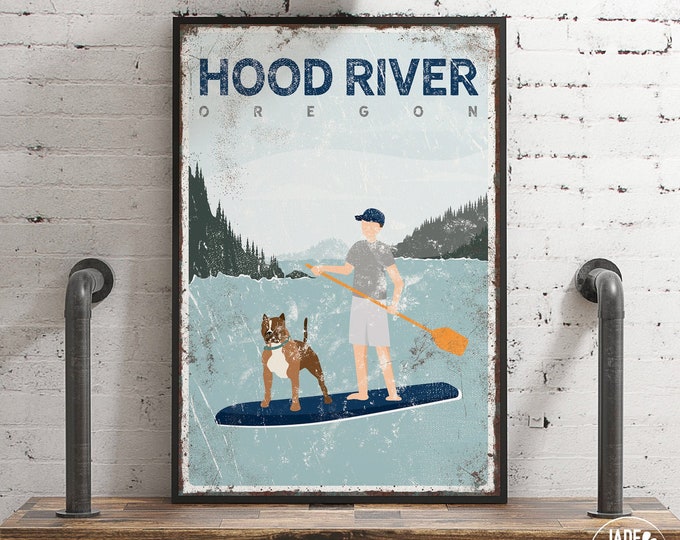 custom lake house decor sign • vintage nautical river wall art • SUP man on paddleboard with Pitbull dog poster • navy Hood River art {vpl}