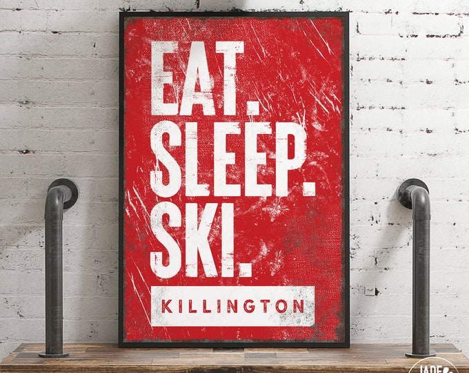 Red "EAT SLEEP SKI" sign with personalized mountain name. Killington ski house sign, Vermont mountain home. Housewarming gift {b}