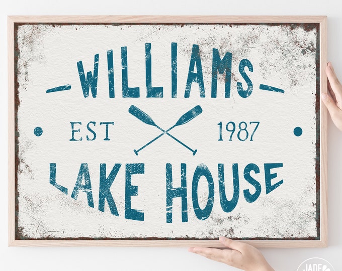 vintage LAKE HOUSE decor > custom boating sign with last name, distressed blue and white year established wall art with paddle oars