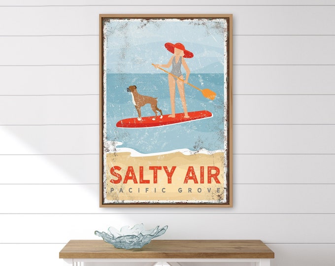 vintage BEACH PADDLEBOARD SIGN with dog, woman on paddleboard with Boxer dog poster, custom beach house wall art, gift for dog lovers  {vpb}