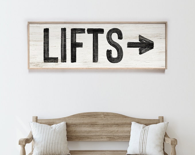 ski LIFTS sign with left or right arrow, vintage ski house decor, black and white ski lodge decor, faux weathered wood print on canvas {pww}