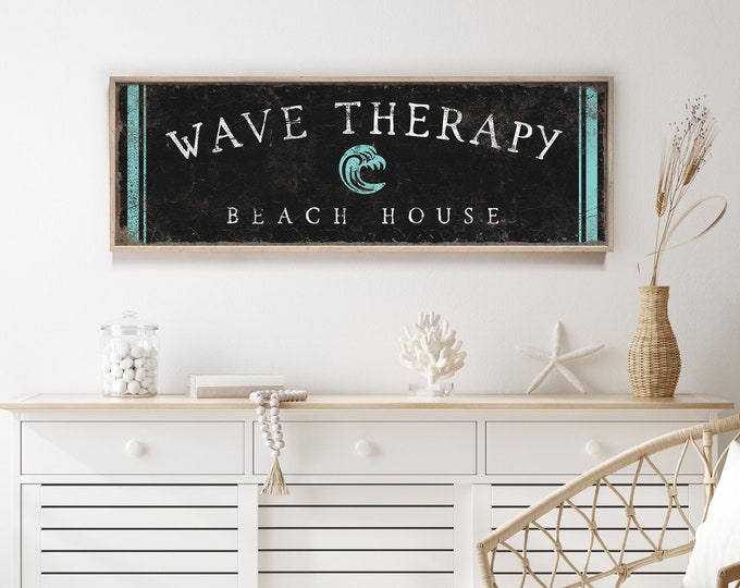 large BEACH HOUSE sign with curved text, retro wave therapy poster, personalized canvas print with custom text, tide on black decor {ctb}