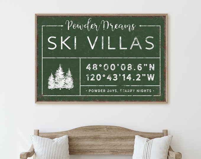 personalized SKI VILLAS sign, personalized last name canvas, ski lodge signs, custom coordinates, ski mountain icon, winter home decor {gdb}