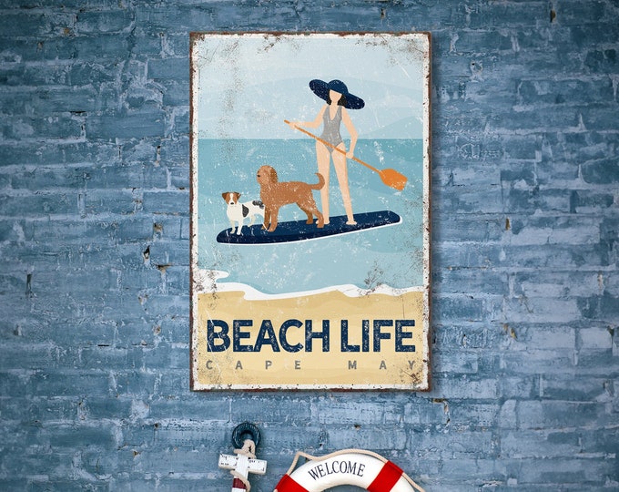 vintage BEACH PADDLEBOARD SIGN with dogs, Jack Russell Terrier and Labradoodle shown, custom beach house wall art, cape may new jersey {vpb}
