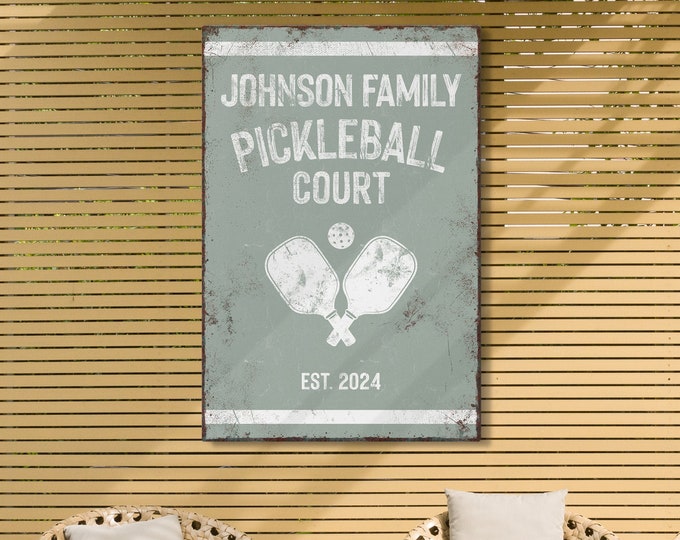 Personalized PICKLEBALL COURT Sign with Paddles, Custom Text, Year Established and Colors, in Sage Green and White, Pickleball Gift Ideas