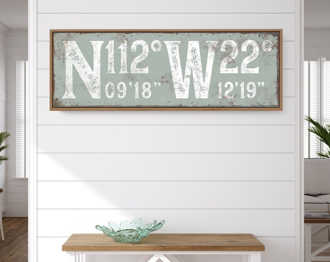Custom GPS Coordinates Sign for Porch or Lanai, Sage Green Vintage Typography Wall Art Print, Large Canvas for Modern Farmhouse {gsb}