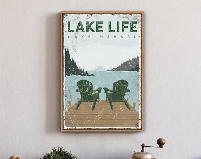 vintage ADIRONDACK CHAIRS SIGN with Forest Green Accent, personalized Lake Life poster, Lake Havasu Arizona, modern farmhouse decor vpl