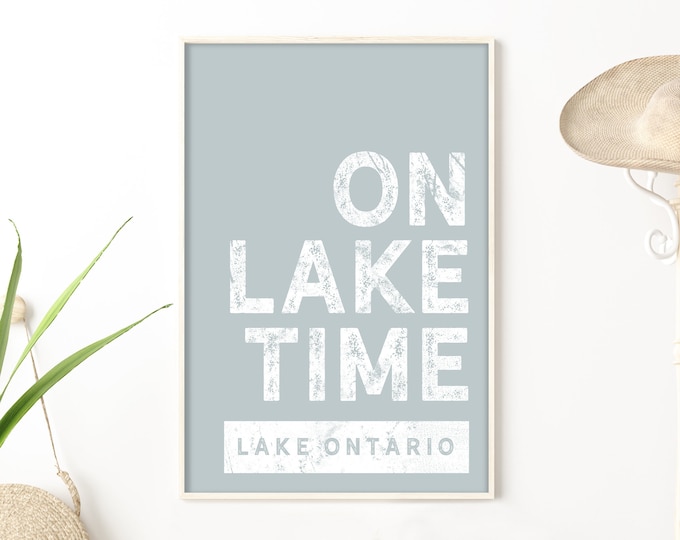 Blue gray "ON LAKE TIME" sign. Minimalist Lake Ontario wall art canvas for calm lake house. Dusty Blue farmhouse decor for lake house. {b}