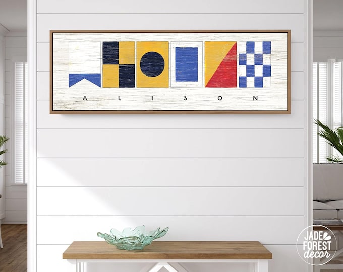 Personalized Last Name Sign with Nautical Flags, Custom Nautical Alphabet Flags Canvas Print, Vintage Sailing Decor for Lake House {nfw}
