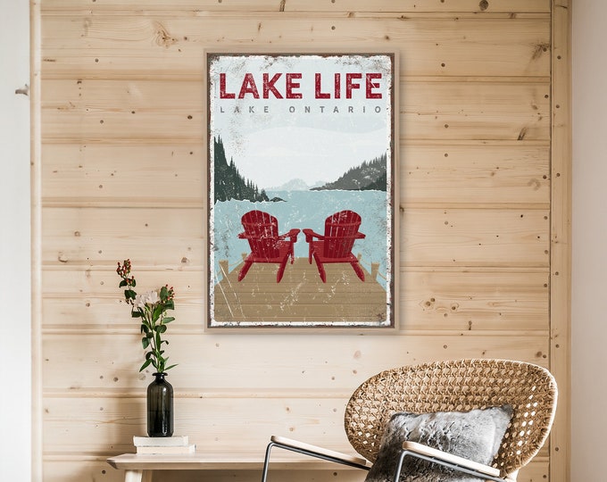 personalized LAKE LIFE sign with Adirondack Chairs, vintage Lake Ontario poster, lake dock with chairs sign, custom lake house wall art vpl
