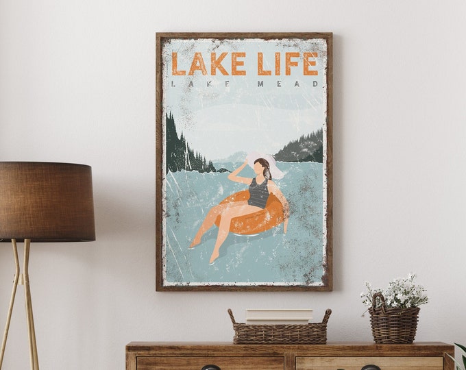 vintage LAKE LIFE sign > personalized orange lake house decor, lake inner tube poster, vacation home print for farmhouse (Lake Mead) {VPL}