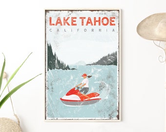 modern LAKE HOUSE wall art with frame > personalized or Lake Tahoe jetskiing poster, athletic gift for her, sporty gift for girlfriend {vpl}