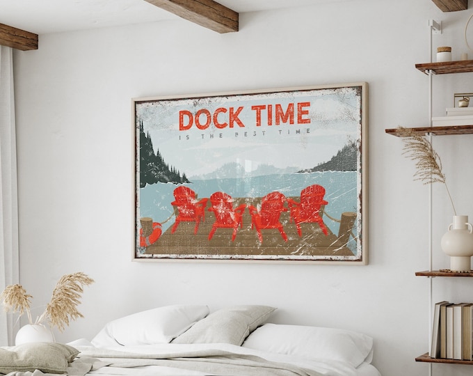 vintage DOCK TIME is the best time sign, red adirondack chairs poster, personalized lake house decor, retro lake art, lake landscape {VPL}