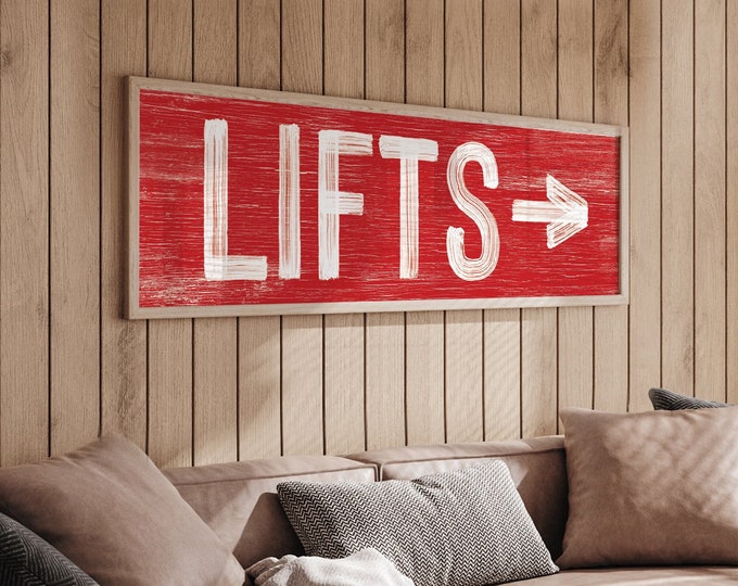 vintage LIFTS sign in bright red, long skinny skiing print, ski lodge directional art, mountain chalet decor, faux weathered wood sign {pwo}