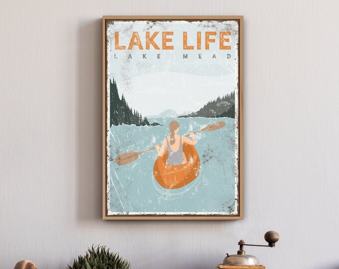 orange LAKE LIFE poster • woman kayaking on Lake Mead • custom kayak sign for vintage lake house decor, personalized hostess gift {vpl}