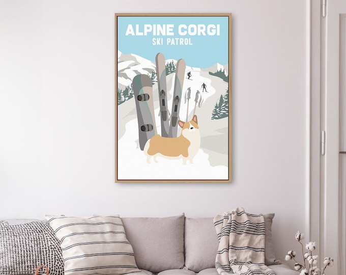 vintage SKI POSTER with custom text and dogs, retro dog ski sign with Corgi, choose from many dogs, unique gift for dog lovers, fun dog sign