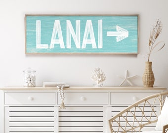 AQUA BLUE LANAI sign for above door, lanai sign with right arrow, faux distressed wood art, lanai wall decor {pwo}