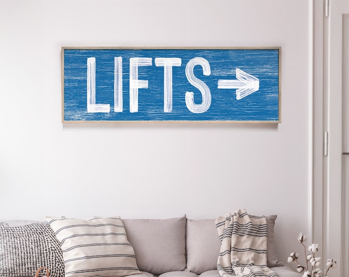 LIFTS sign for ski house decor, vintage skiing sign, ski lodge directional, deep blue winter decor, faux weathered wood farmhouse sign {pwo}