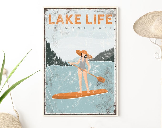 orange LAKE LIFE sign > female paddleboarder poster for above couch, custom lake house decor gift for her, unique Fremont Lake art {vpl}