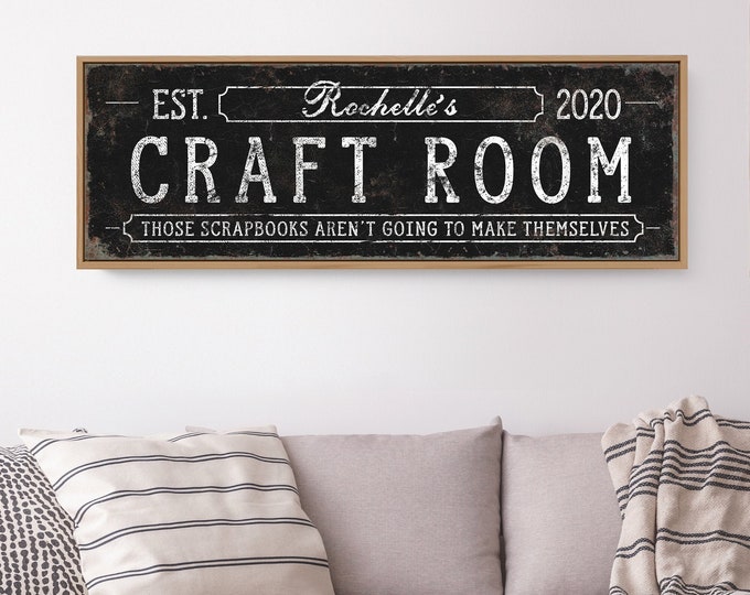 personalized CRAFT ROOM sign • custom black arts and crafts decor • rustic farmhouse wall art canvas • extra large faux vintage print {svb}