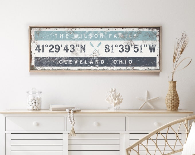 nautical COORDINATES sign > vintage art print old, boat oars, gray blue lake house gift, personalized longitude latitude GPS wall art {giw}