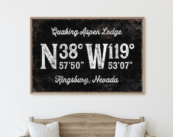antique cabin sign with location coordinates > vintage LODGE wall art, vintage black and white art print for farmhouse home decor {gpb}