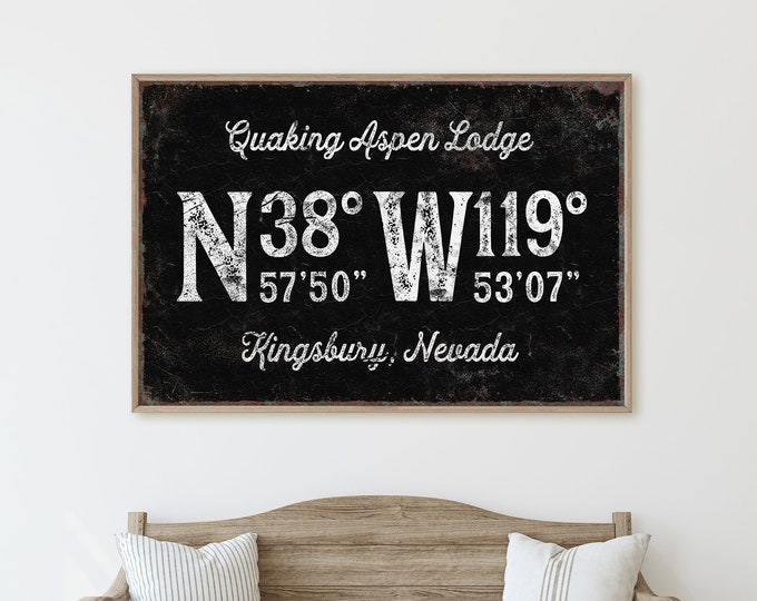 antique cabin sign with location coordinates > vintage LODGE wall art, vintage black and white art print for farmhouse home decor {gpb}